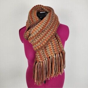 New Handmade Crochet Scarf Fringe Orange Brown Earth Tones Boho Wrap